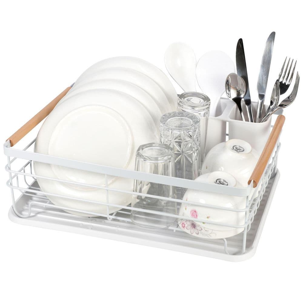 image-Deluxe Minimalist Dish Drainer Drying Rack with Wooden Handles
