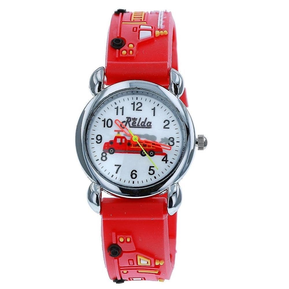 image-Relda Children's Analogue 3D Fire Engine Red Silicone Strap Boy's Watch REL48