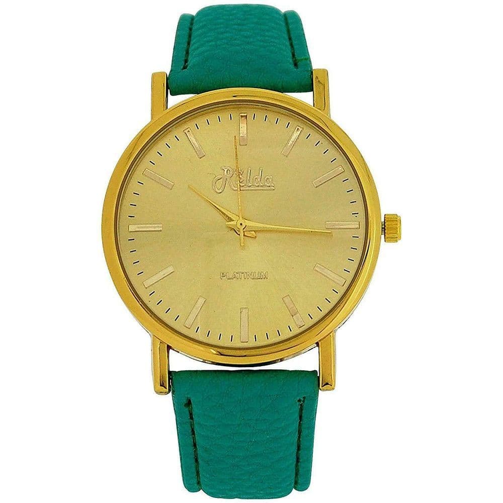 image-Relda Women Analogue Jumbo Gold tone Dial & PU Green Strap With Buckle REL60