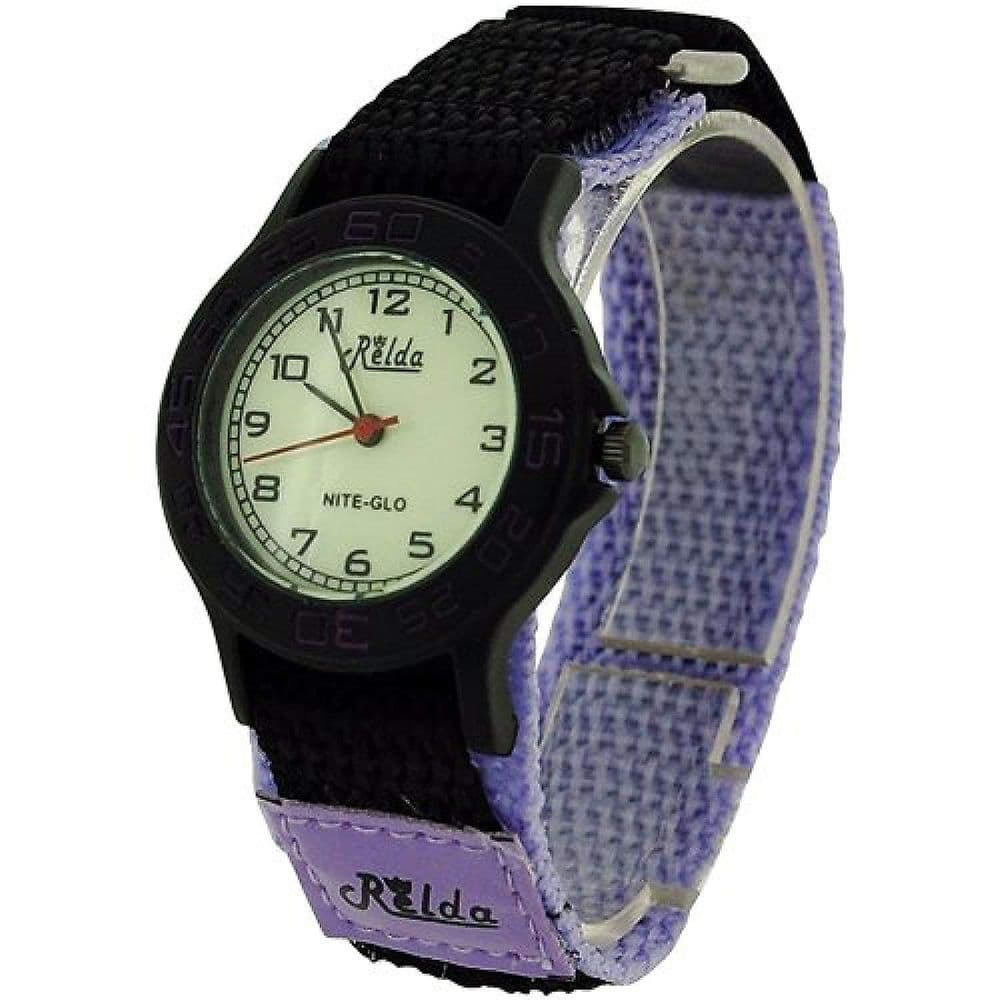 image-Relda Children's Analogue Nite-Glo Quartz Luminous Dial Purple & Black Velcro Girls Watch REL58