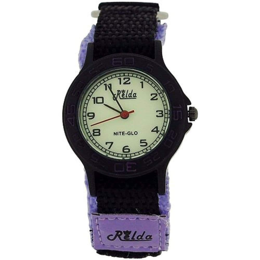 image-Relda Children's Analogue Nite-Glo Quartz Luminous Dial Purple & Black Velcro Girls Watch REL58