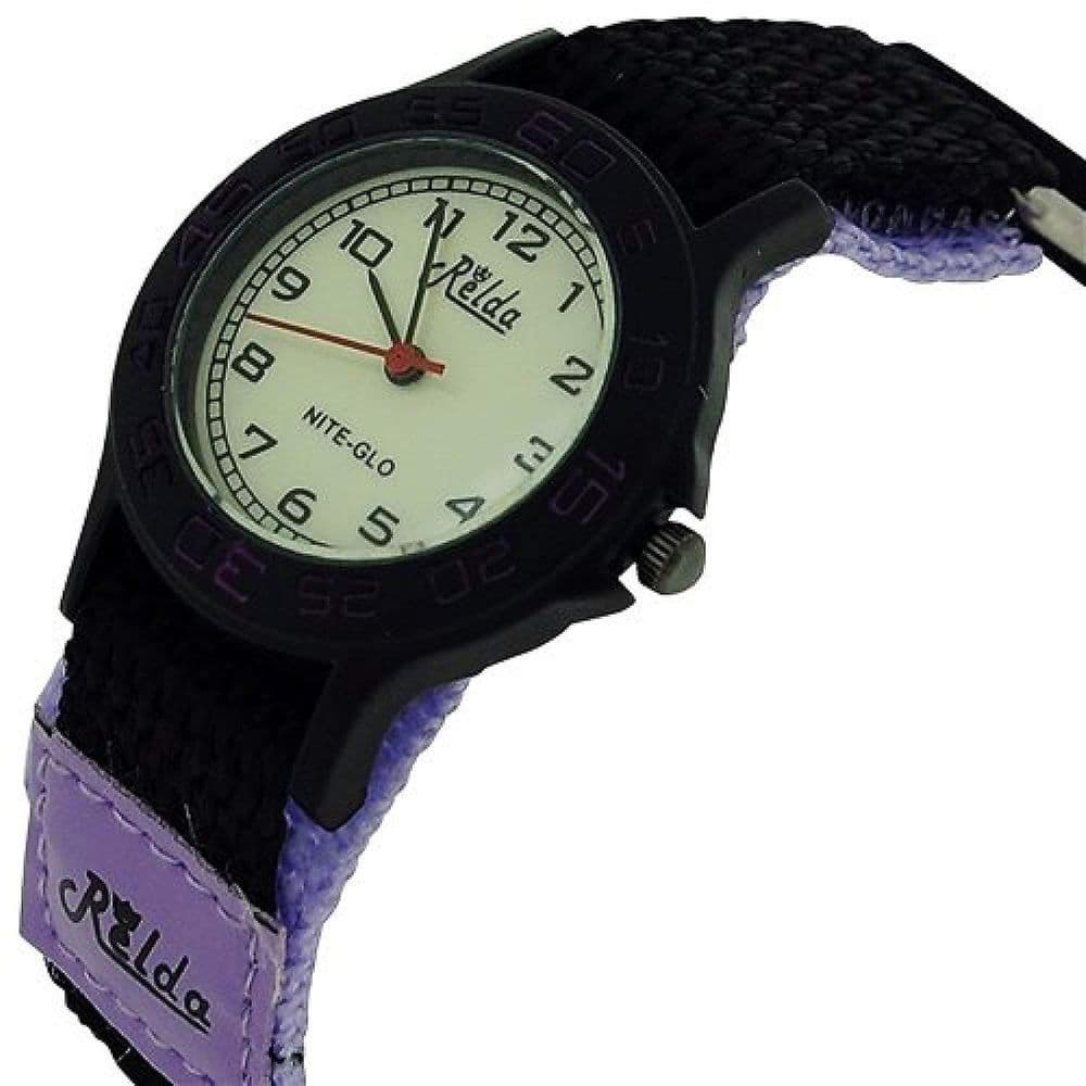 image-Relda Children's Analogue Nite-Glo Quartz Luminous Dial Purple & Black Velcro Girls Watch REL58