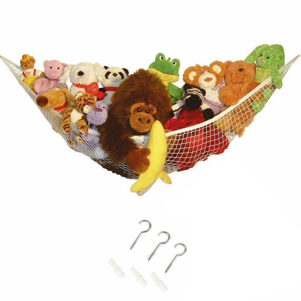 image-Toy Hammock Large Mesh Net - Keep Childs Bedroom Tidy Toy Organizer With Hooks