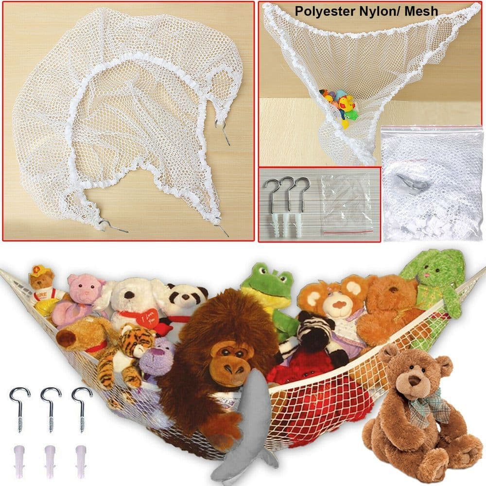 image-Toy Hammock Large Mesh Net - Keep Childs Bedroom Tidy Toy Organizer With Hooks