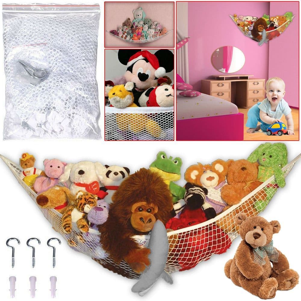 image-Toy Hammock Large Mesh Net - Keep Childs Bedroom Tidy Toy Organizer With Hooks