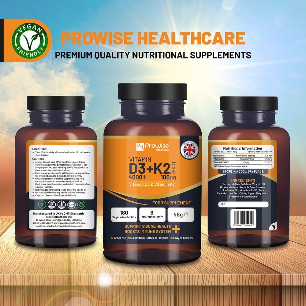 image-Vitamin D3 4000IU & K2 MK7 100μg Vegetarian 180 Tablets Supplement for Immune Support Calcium Boost, Bone & Muscle by Prowise