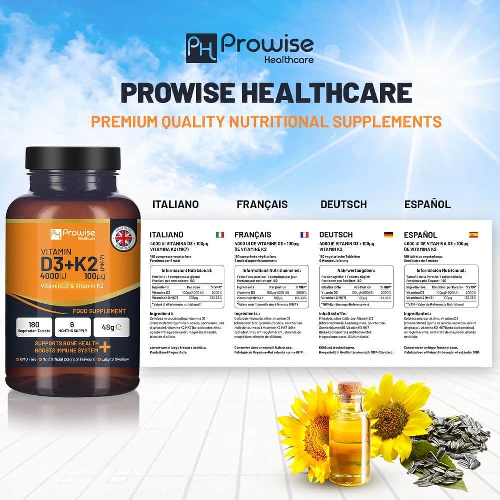 image-Vitamin D3 4000IU & K2 MK7 100μg Vegetarian 180 Tablets Supplement for Immune Support Calcium Boost, Bone & Muscle by Prowise