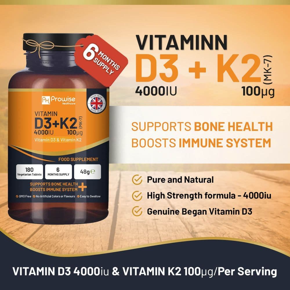 image-Vitamin D3 4000IU & K2 MK7 100μg Vegetarian 180 Tablets Supplement for Immune Support Calcium Boost, Bone & Muscle by Prowise