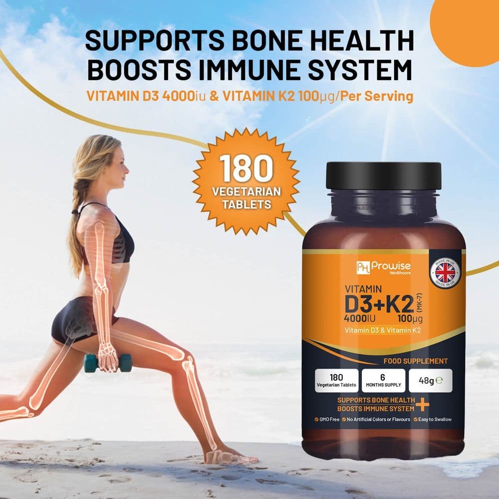 image-Vitamin D3 4000IU & K2 MK7 100μg Vegetarian 180 Tablets Supplement for Immune Support Calcium Boost, Bone & Muscle by Prowise