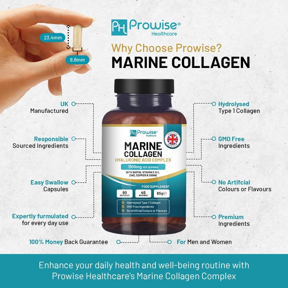 image-Marine Collagen with Hyaluronic Acid Complex 1100mg 90 Capsules I For Women and Men I Made in UK by Prowise