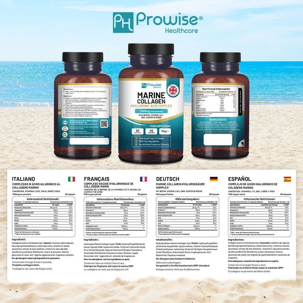 image-Marine Collagen with Hyaluronic Acid Complex 1100mg 90 Capsules I For Women and Men I Made in UK by Prowise