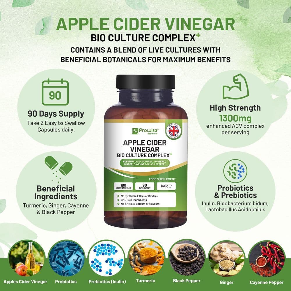 image-Apple Cider Vinegar with Bio Cultures Complex 1300mg 180 capsules I Vegan I Made in UK by Prowise