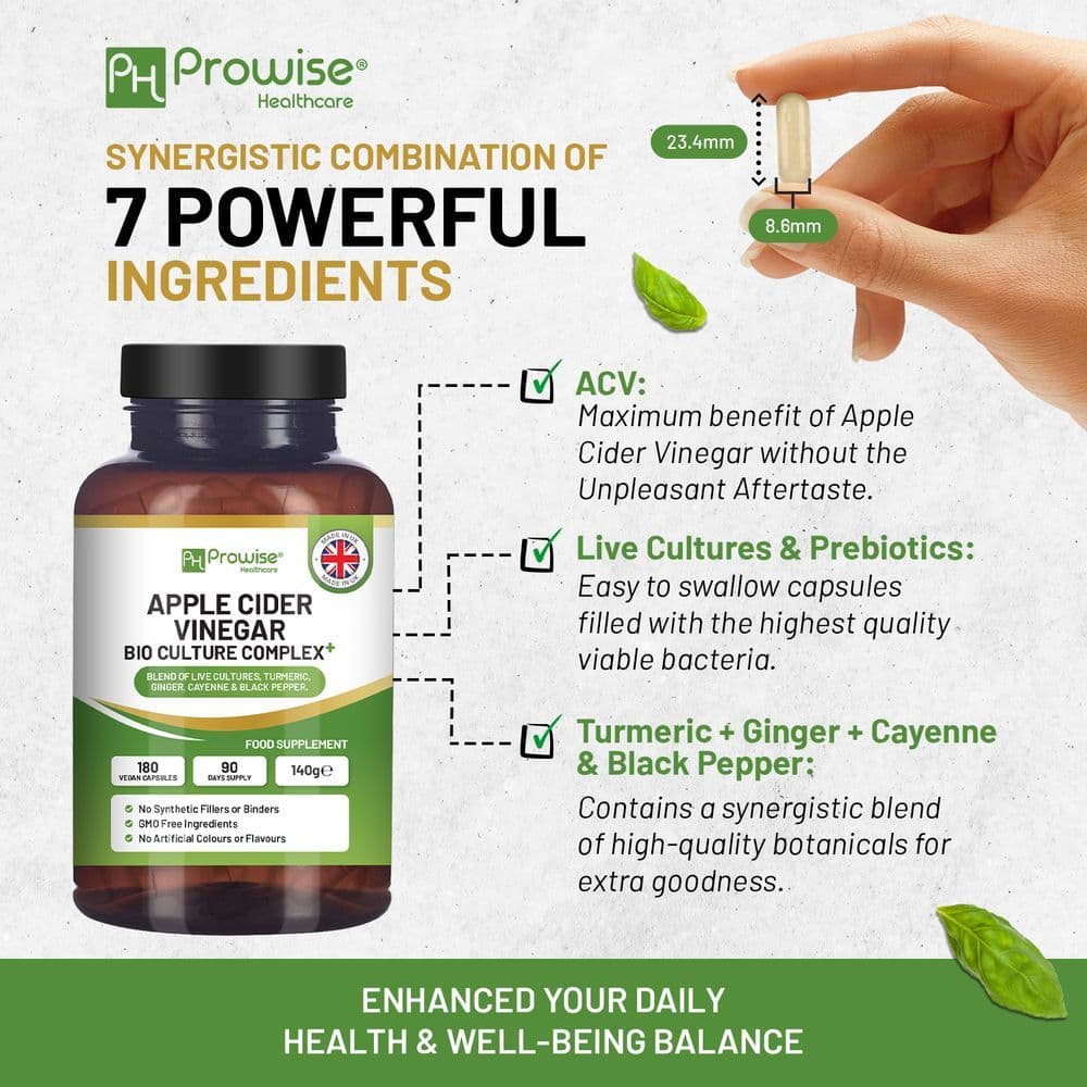 image-Apple Cider Vinegar with Bio Cultures Complex 1300mg 180 capsules I Vegan I Made in UK by Prowise