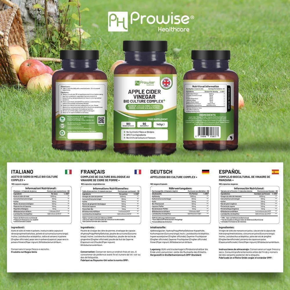 image-Apple Cider Vinegar with Bio Cultures Complex 1300mg 180 capsules I Vegan I Made in UK by Prowise