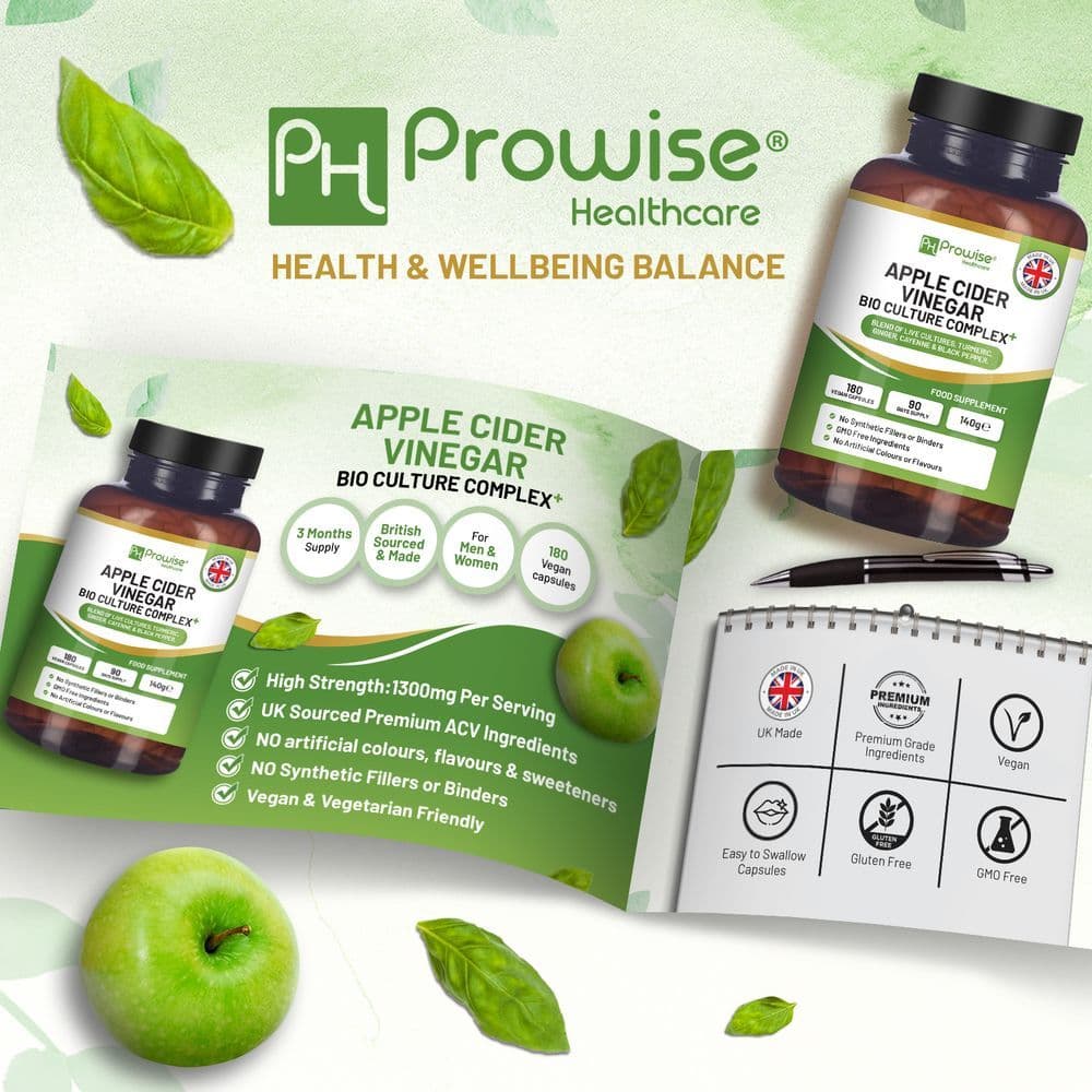 image-Apple Cider Vinegar with Bio Cultures Complex 1300mg 180 capsules I Vegan I Made in UK by Prowise