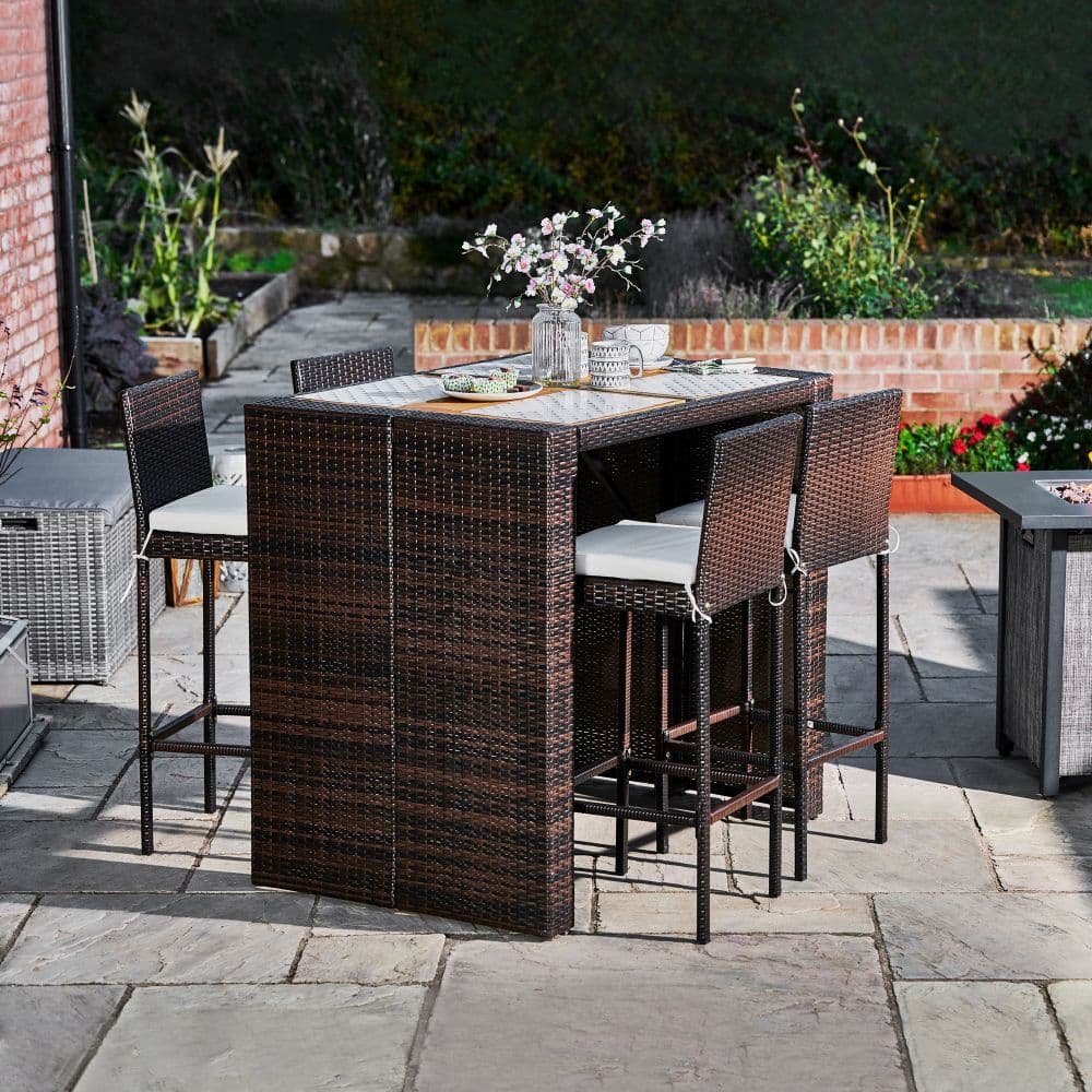 image-5 Pcs Rattan Garden Patio Furniture Bar Dining Table & Chair Set
