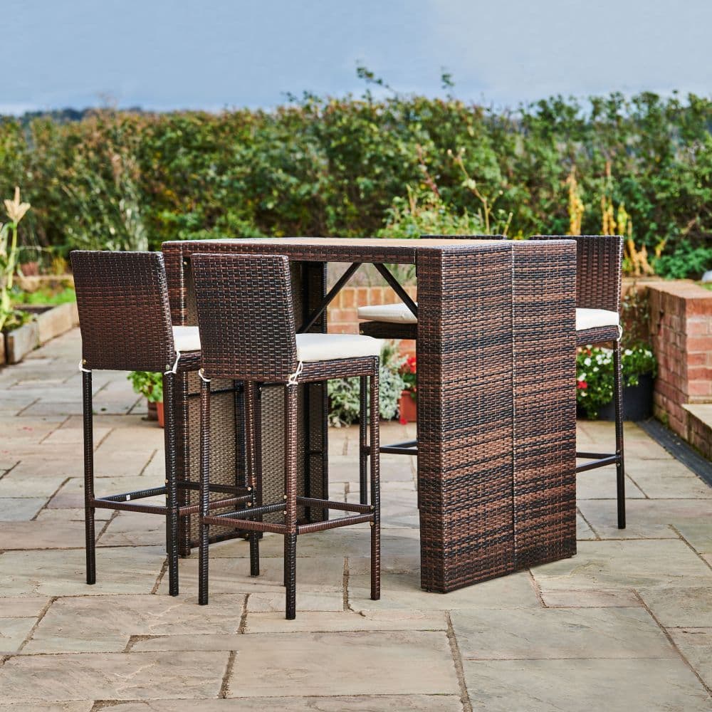 image-5 Pcs Rattan Garden Patio Furniture Bar Dining Table & Chair Set