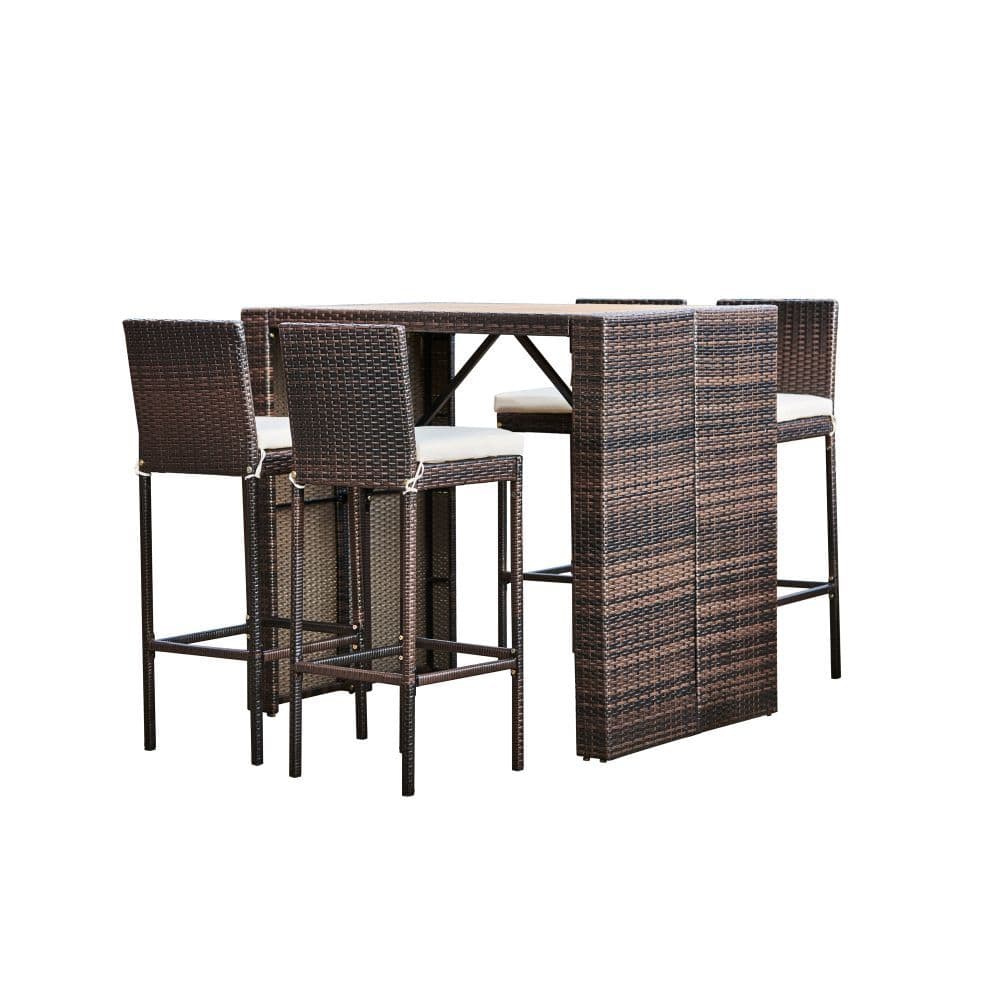 image-5 Pcs Rattan Garden Patio Furniture Bar Dining Table & Chair Set