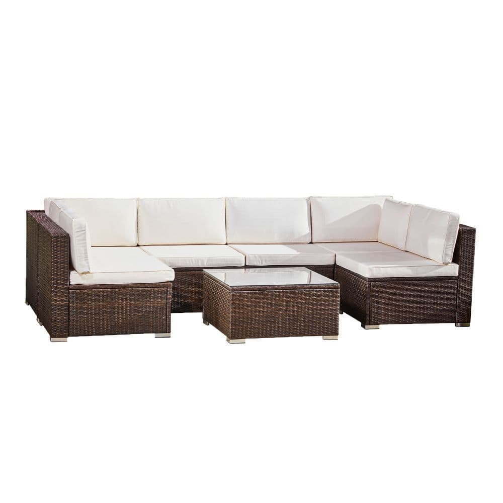 image-7 Pcs Rattan Outdoor Garden Furniture Large Sofa & Table Patio Set