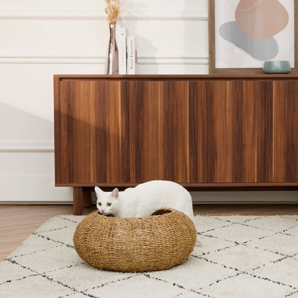 image-Indoor Wicker Cat or Small Dog Bed Basket & Cushion ST-N10003-UK