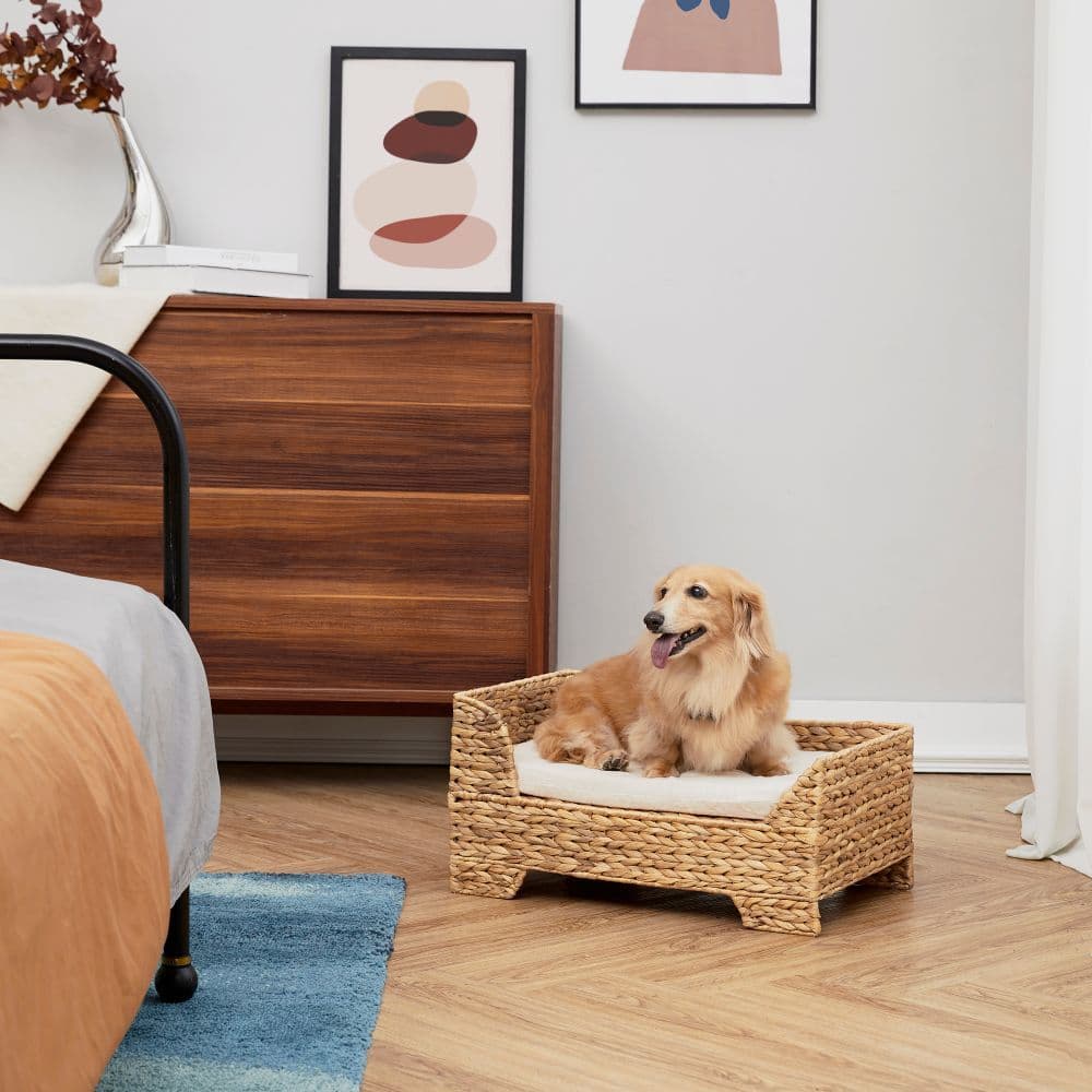 image-Indoor Wicker Cat/Dog Elevated Bed & Washable Cushion ST-N10002-UK