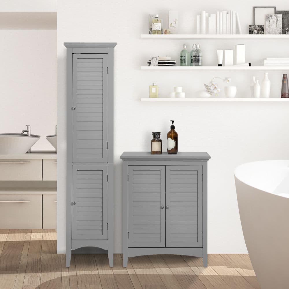 image-Glancy Wooden Linen Tower Tall Bathroom Cabinet Grey With Storage
