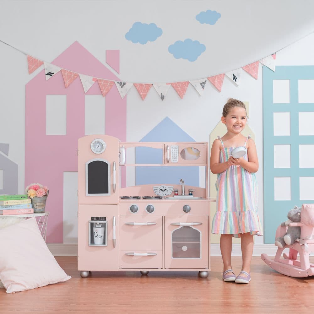 image-Retro Wooden Kitchen Toy Kitchen Pink With Ice Maker TD-11414P