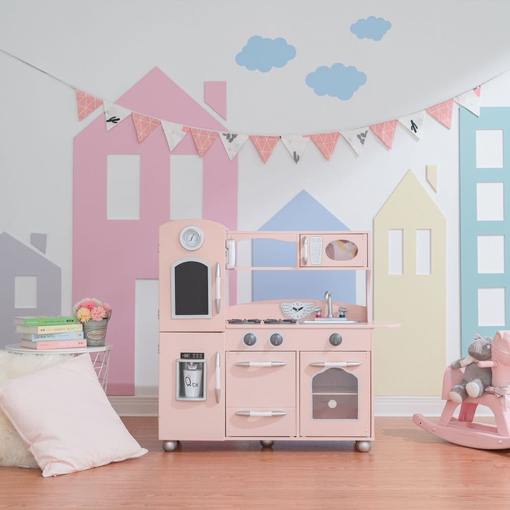 image-Retro Wooden Kitchen Toy Kitchen Pink With Ice Maker TD-11414P
