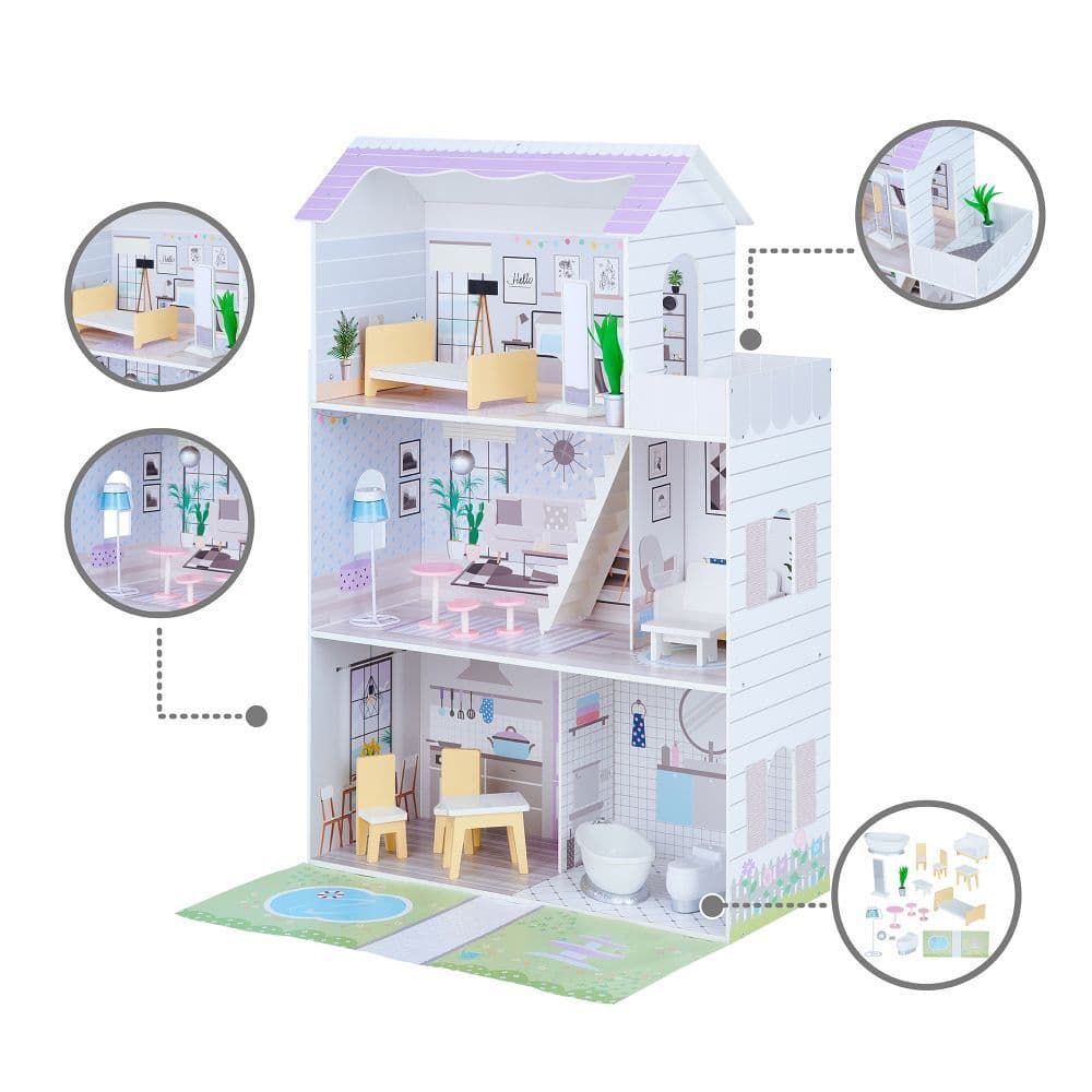 image-Olivia's Little World Large Kids Wooden Dolls House & 16 Accessories, Purple