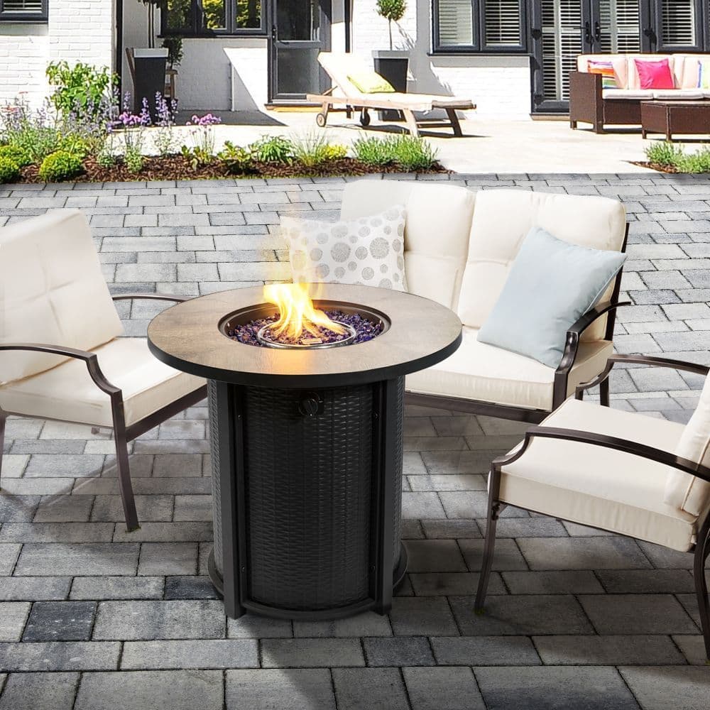 image-Outdoor Garden Round Gas Fire Pit Table Heater, Lava Rocks & Cover