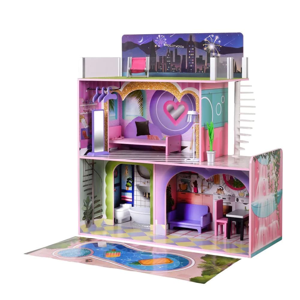 image-Olivia's Little World Large Kids Wooden Dolls House 3 Floors & 16 Accessories