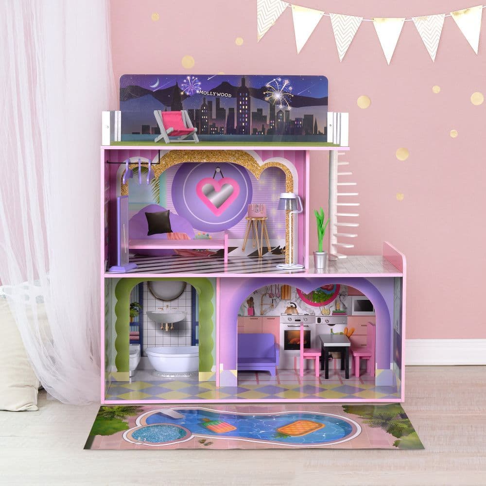 image-Olivia's Little World Large Kids Wooden Dolls House 3 Floors & 16 Accessories