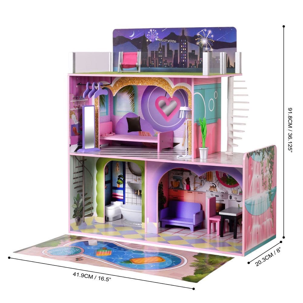 image-Olivia's Little World Large Kids Wooden Dolls House 3 Floors & 16 Accessories