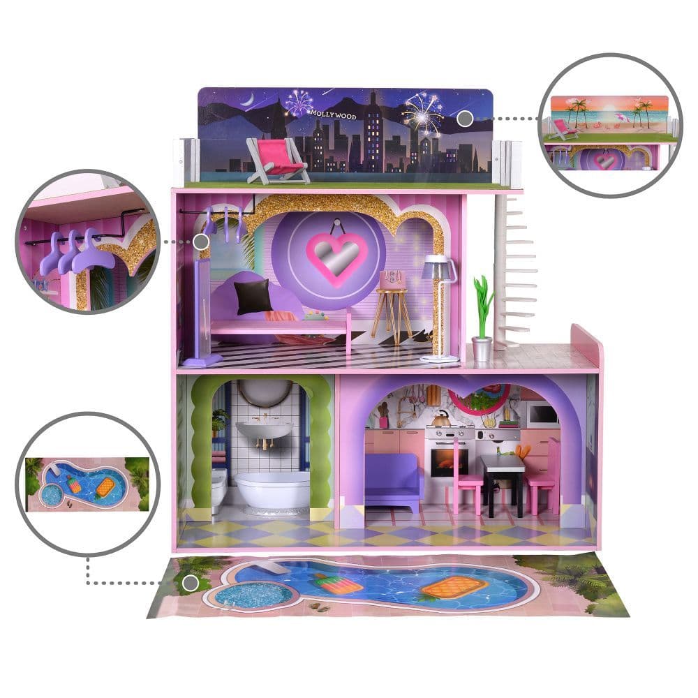 image-Olivia's Little World Large Kids Wooden Dolls House 3 Floors & 16 Accessories