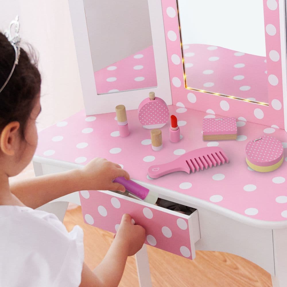 image-Wooden Vanity Set Makeup Kit with 10 Accessories Pink TK-W00010
