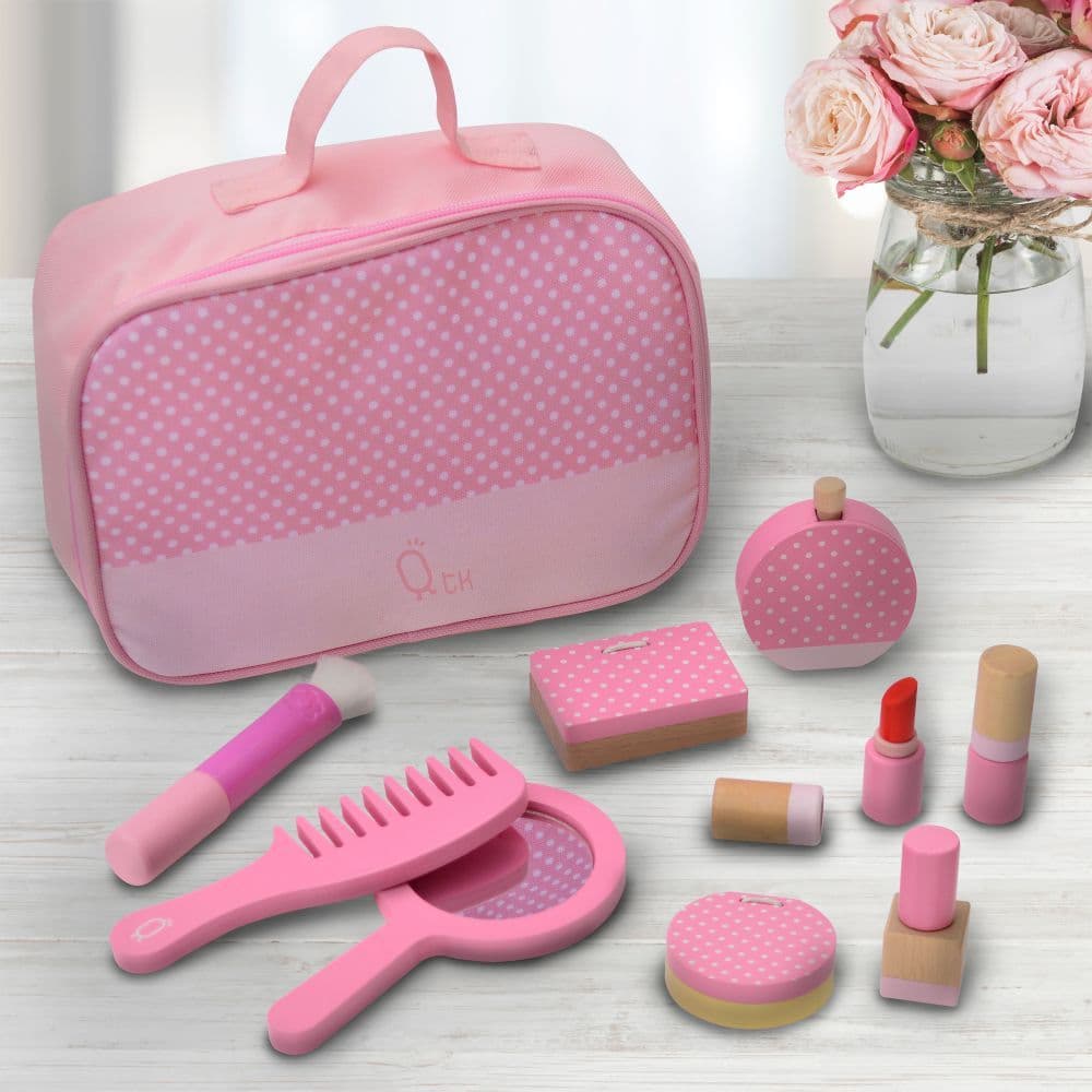 image-Wooden Vanity Set Makeup Kit with 10 Accessories Pink TK-W00010