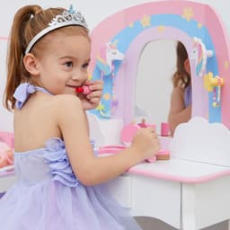image-Wooden Vanity Set Makeup Kit with 10 Accessories Pink TK-W00010