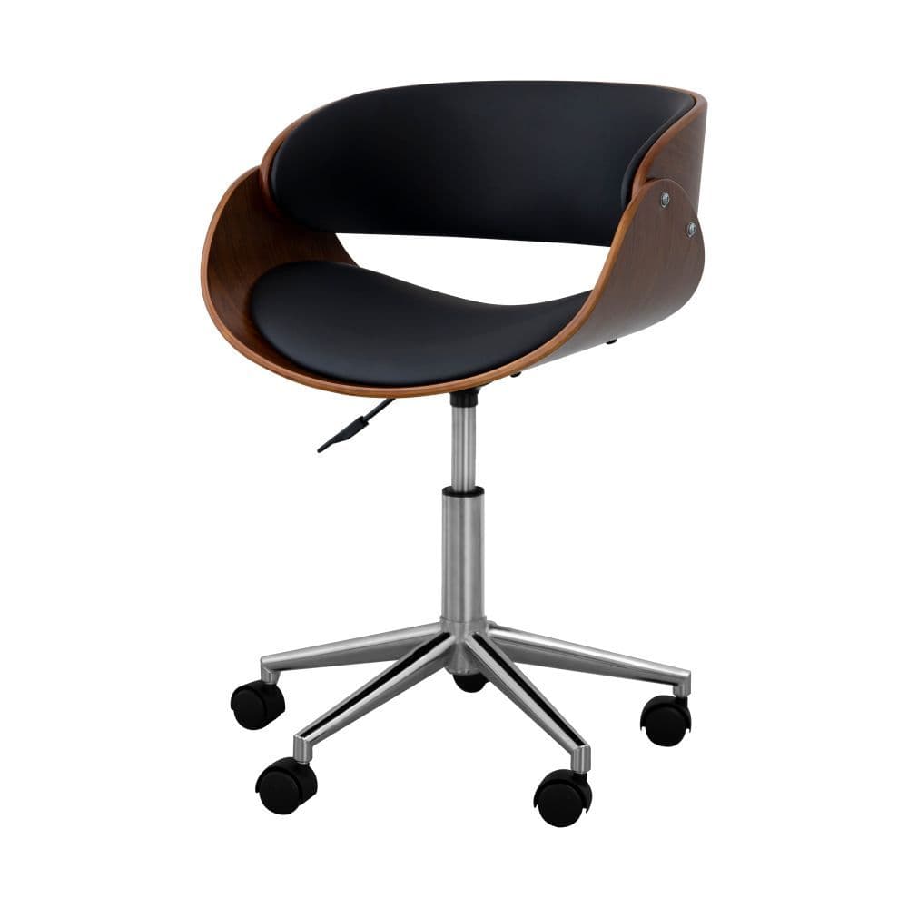 image-Padded Office Desk Chair, Swivel & Adjustable, Wood, Black/Brown
