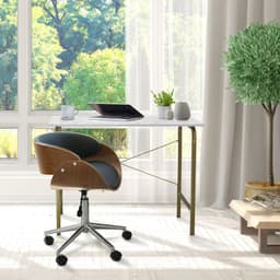 image-Padded Office Desk Chair, Swivel & Adjustable, Wood, Black/Brown
