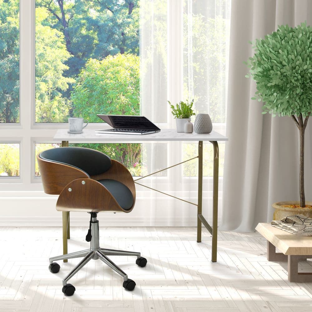image-Padded Office Desk Chair, Swivel & Adjustable, Wood, Black/Brown