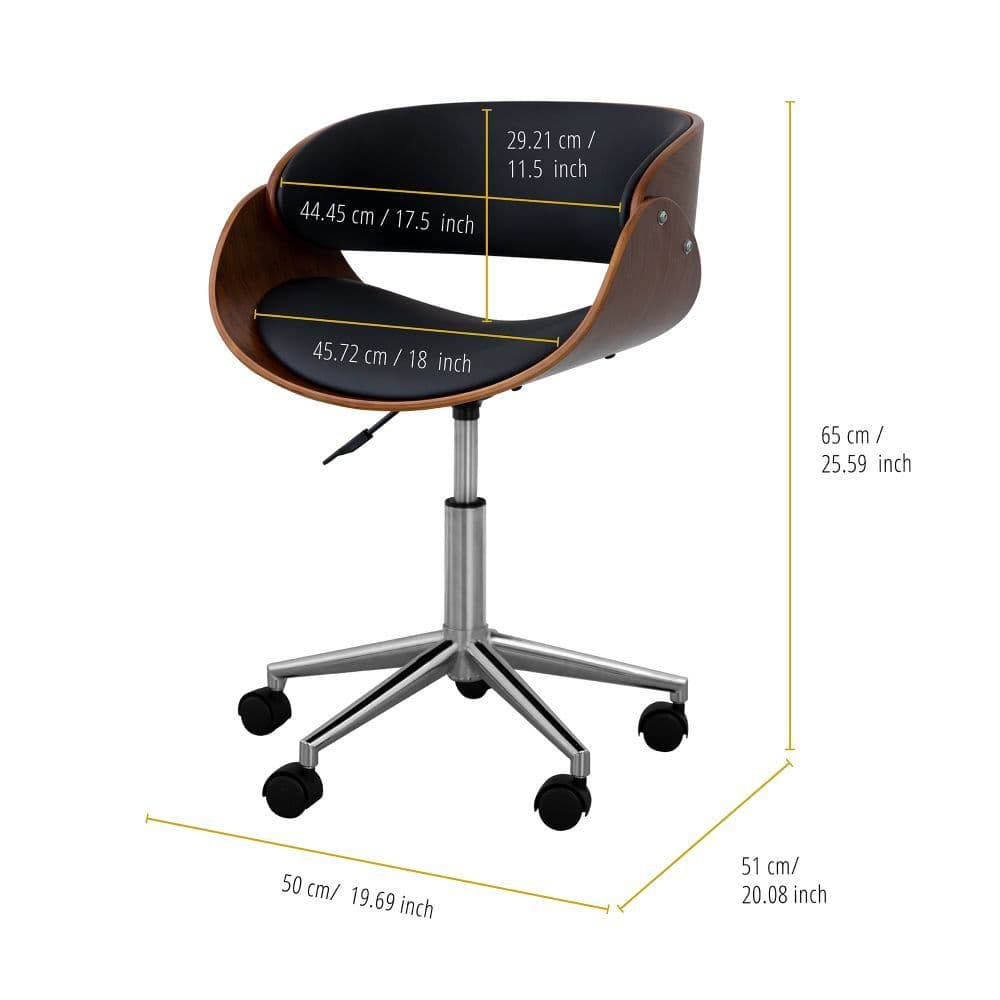 image-Padded Office Desk Chair, Swivel & Adjustable, Wood, Black/Brown