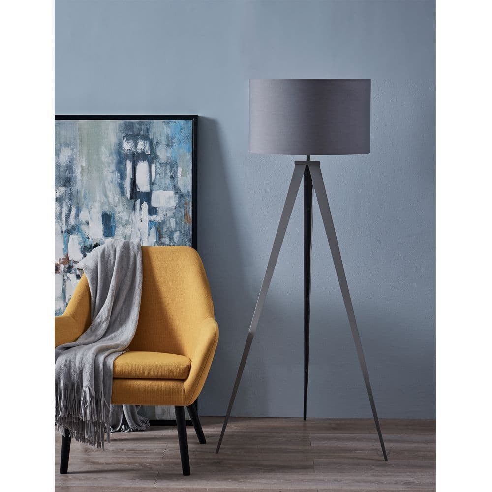 image-Romanza Tripod Standing Floor Lamp & Shade, Modern Lighting, Grey