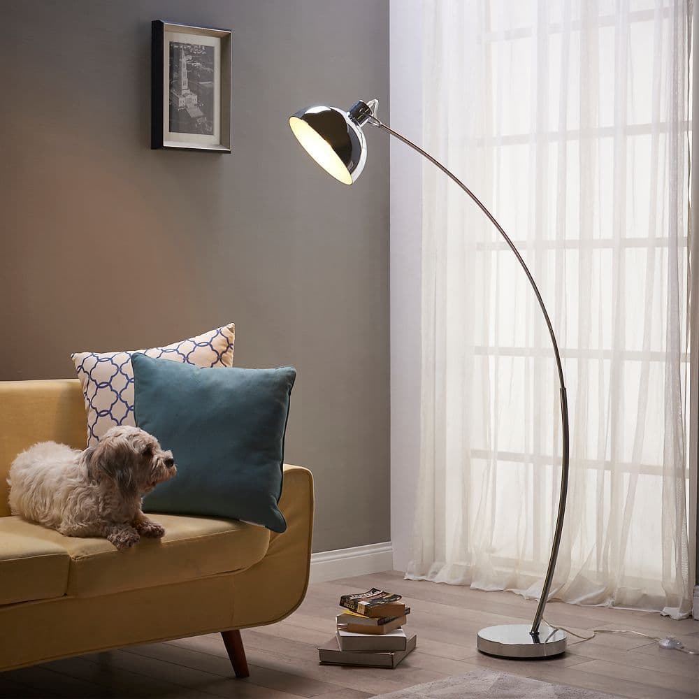 image-Arco Curved Arched Standard Floor Lamp Light & Bell Shade, Chrome