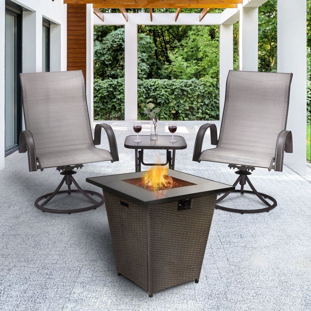 image-Garden Rattan Gas Fire Pit, Outdoor Firepit with Lava Rock