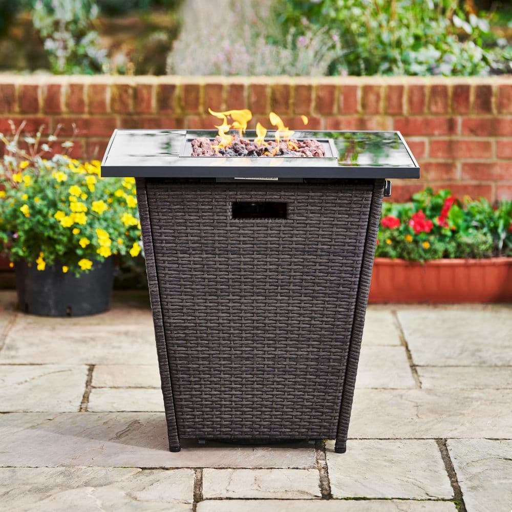 image-Garden Rattan Gas Fire Pit, Outdoor Firepit with Lava Rock