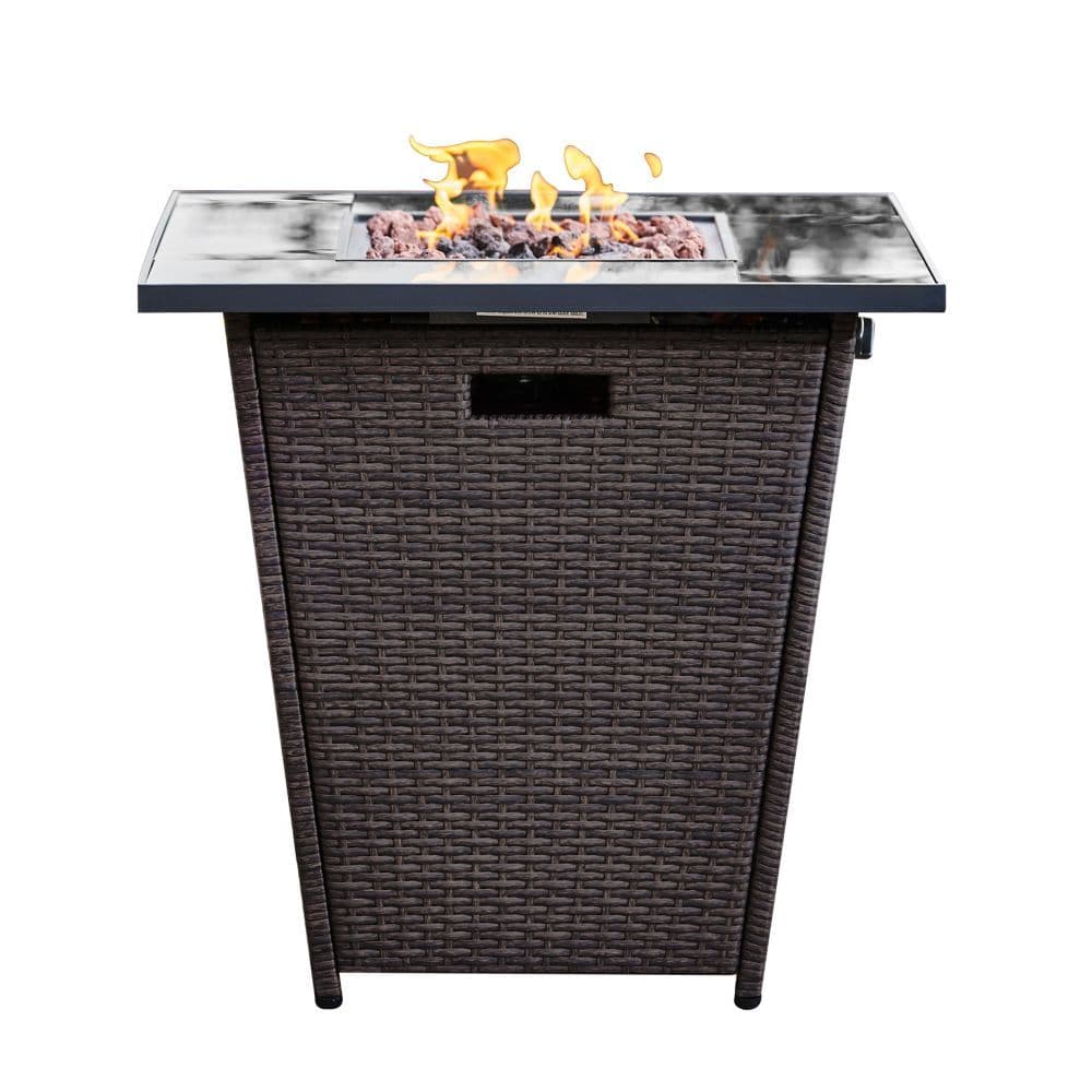 image-Garden Rattan Gas Fire Pit, Outdoor Firepit with Lava Rock