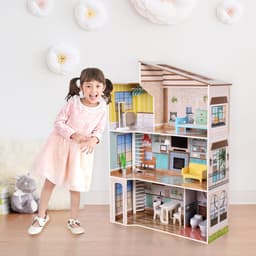 image-Olivia's Little World Large Kids Wooden Dolls House 3 Floors & 17 Accessories