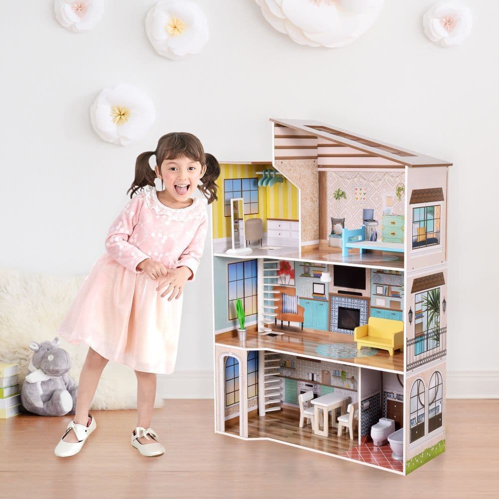 image-Olivia's Little World Large Kids Wooden Dolls House 3 Floors & 17 Accessories
