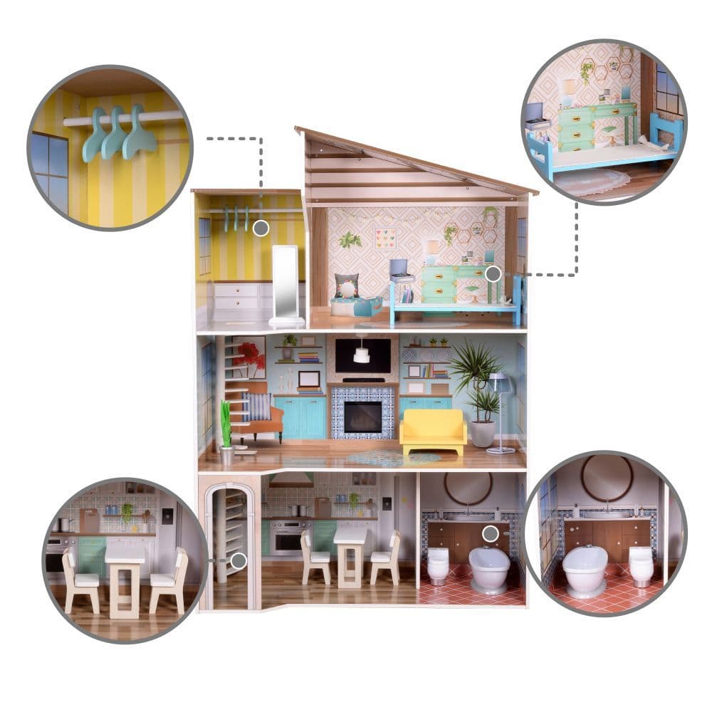 image-Olivia's Little World Large Kids Wooden Dolls House 3 Floors & 17 Accessories