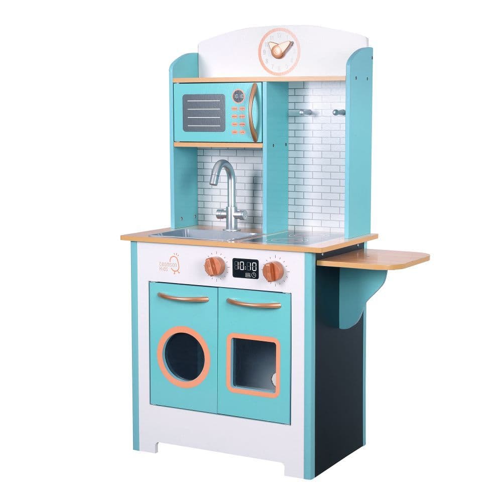 image-Small Retro Interactive Wooden Play Kitchen Toy & 7 Accessories